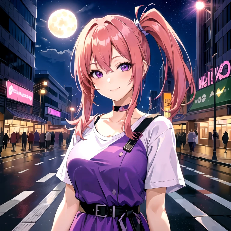 anime woman, redhead somewhat pinkish hair, ponytails, smiling, happy, looking at the viewer wearing purple dress with white t-shirt, in the city, at night, subway at background, park, full moon, dynamic lights, anime style, digital art, 8k