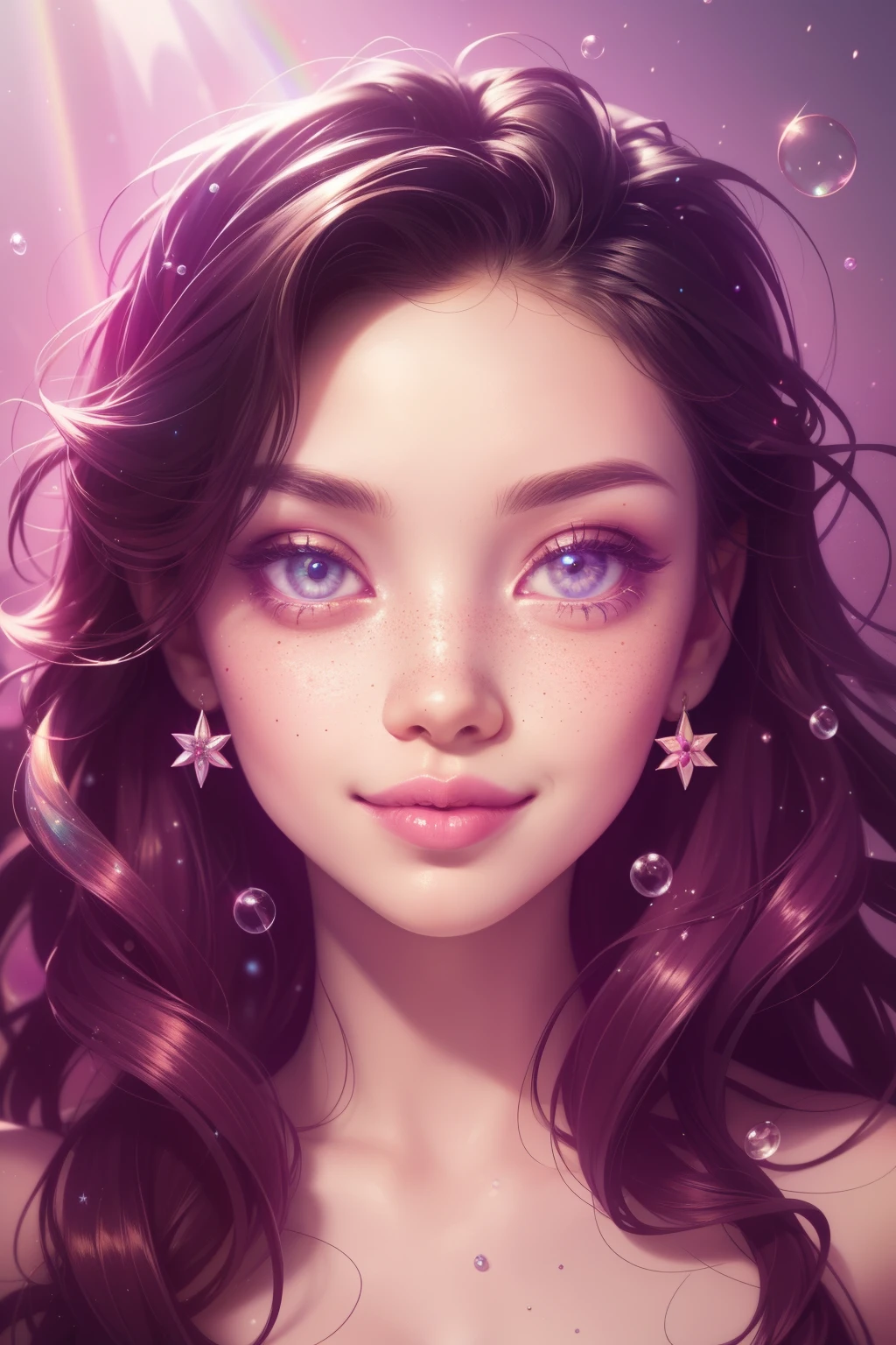 (This is a beautiful rainbow fantasy image that feels interesting and emphasizes glitter and iridescence.) Generate a ((blind)) curvy woman with colorful curly hair and milky eyes. Her face is important and is perfectly formed with puffy lips and perfect features. (Her eyes are critically important). The image exudes ethereal beauty and soft fantasy. Include sweet and detailed birds and soft, luminous flowers in all the colors of the rainbow. The image's background is decorated in shades of pink, shimmer, glitter, and fantasy details like colored bubbles and cosmos. Utilize dynamic composition to create a compelling and action-packed image. Dramatic lighting and cinematic lighting enhance the woman's beauty and the soft colors in the artwork. (((((Perspective: head on.))))) Include fantasy, cute, colorful, colourful, interesting magic background, (smirking), ((birthmark on lip)), ((pretty lips)), beautiful background, complex background, sweet background, (((rainbow))), subtle freckles, natural freckles, Surround her with eternal roses in shimmering shades. Add whimsical details like stars, bubbles, and glitter for an enchanting touch. Ensure perfection in her face, hair, and eyes. Incorporate elements of high fantasy, whimsy, and detailed elegance. English rose, princess, courtesan, noblewoman, sweet, lovely, calm, lovely, shimmering, glimmering, glittering, astrological fantasy, (((masterpiece))), (highest quality), magic rose, fantasy garden, beautiful face, perfect face, puffy lips, interesting, shy smile, fantasy elements, magic rose, beautiful eyes, perfect puffy lips, jewel tones, luminosity