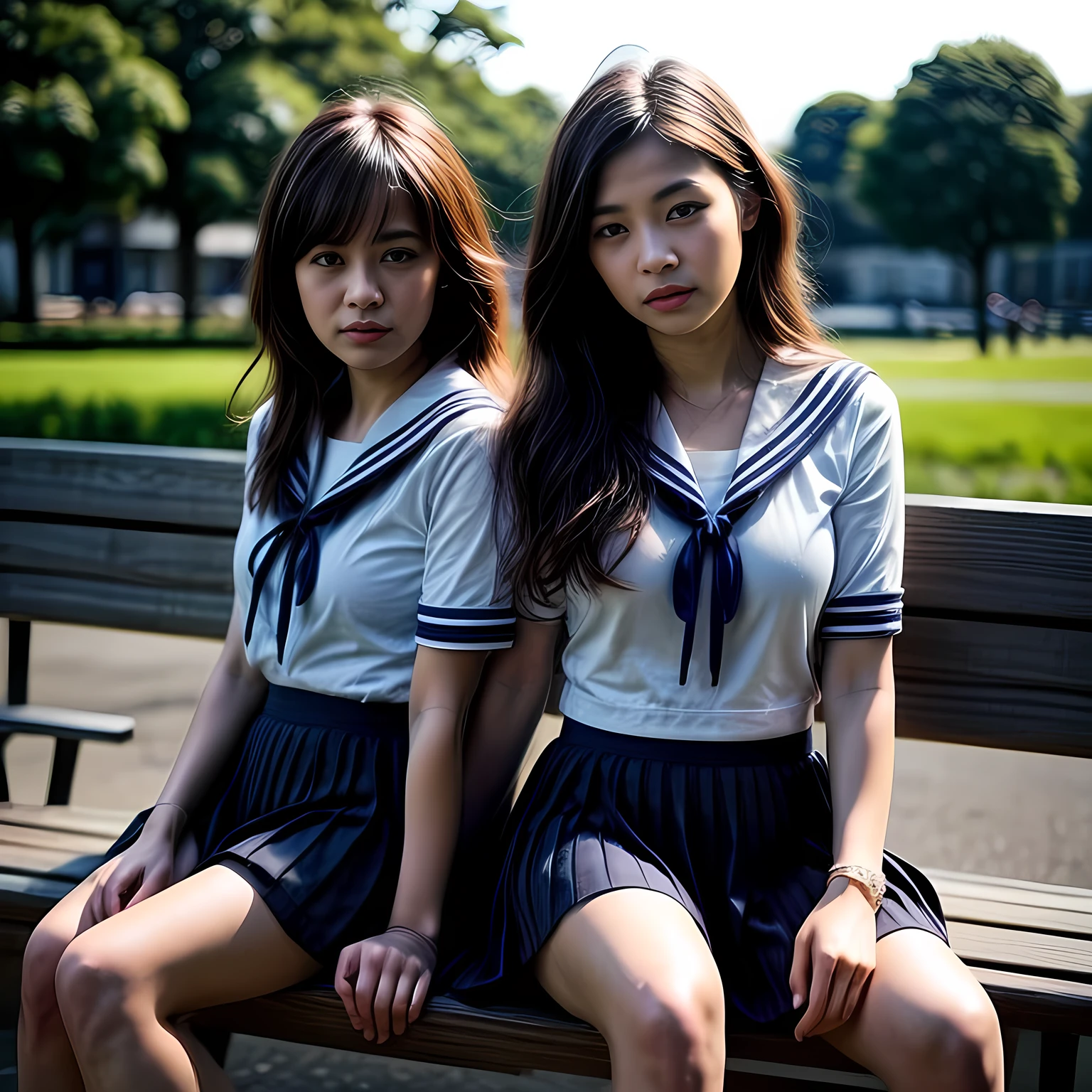 Two adult women, (White sailor suit and navy blue skirt:1.4), sitting on a park bench, daylight, photo, photorealistic, photorealism