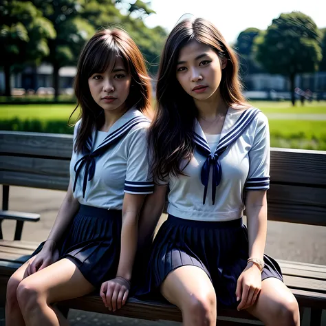 Two adult women, (White sailor suit and navy blue skirt:1.4), sitting on a park bench, daylight, photo, photorealistic, photorea...