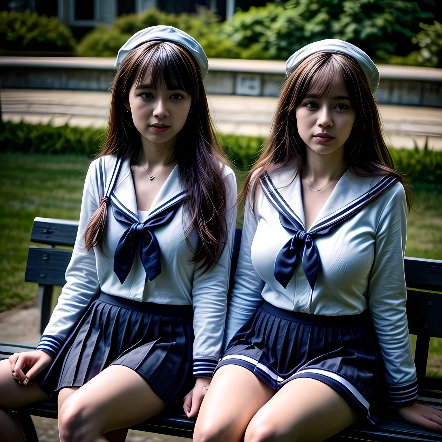 2人の成人女性, (白いセーラー服と紺のスカート:1.4), 公園のベンチに座っている, 明け, 写真, 写真realistic, 写真realism,高い_巨乳