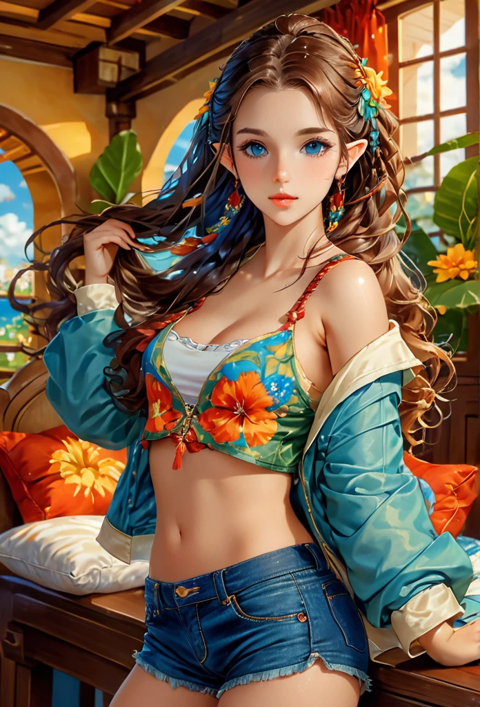 1female elf,long hair in braids,blondie hair,pointy ears,blue colored eyes, thin lips, Round face,Breasts huge, Broad Hips,wearing leather jacket ,torn denim shorts,sitting in an armchair,livingroom,Grinning