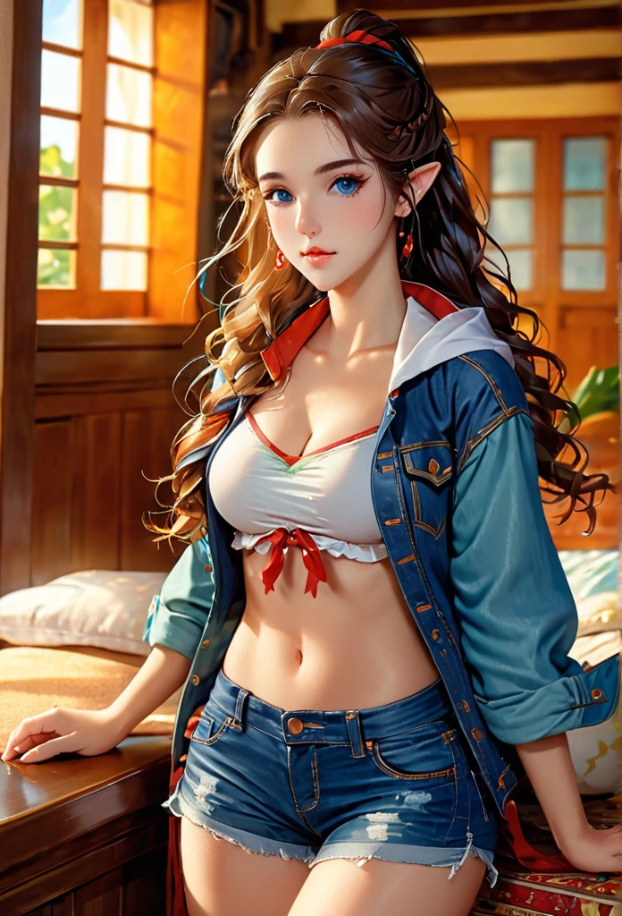 1female elf,long hair in braids,blondie hair,pointy ears,blue colored eyes, thin lips, Round face,Breasts huge, Broad Hips,wearing leather jacket ,torn denim shorts,sitting in an armchair,livingroom,Grinning