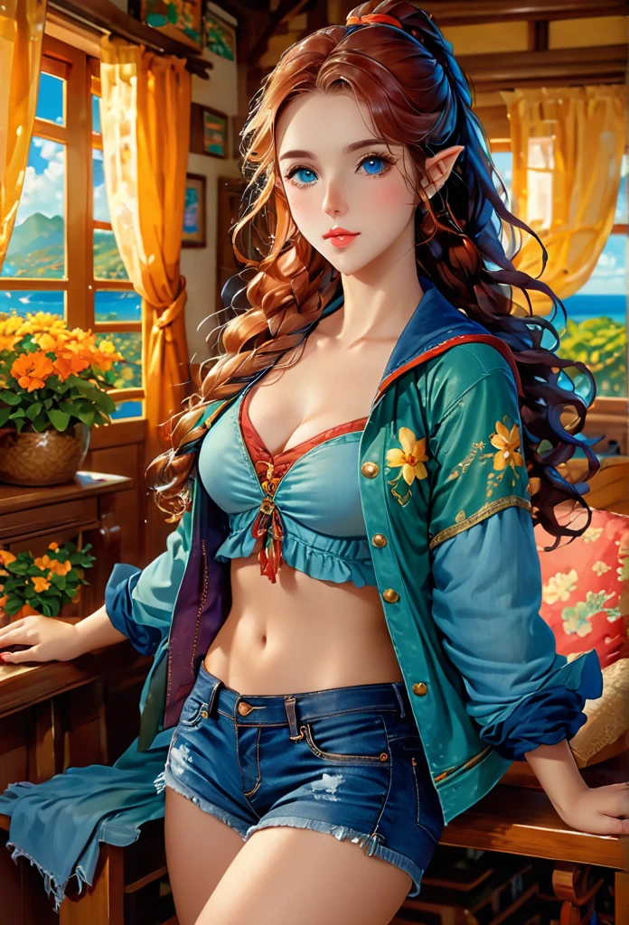 1female elf,long hair in braids,blondie hair,pointy ears,blue colored eyes, thin lips, Round face,Breasts huge, Broad Hips,wearing leather jacket ,torn denim shorts,sitting in an armchair,livingroom,Grinning