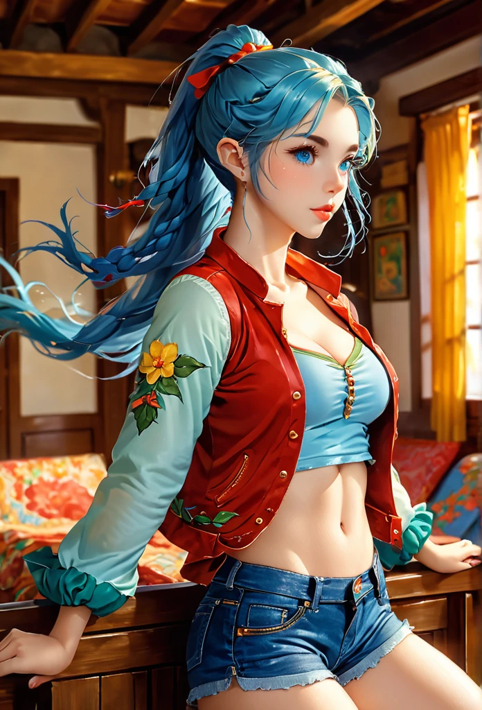 1female elf,long hair in braids,blondie hair,pointy ears,blue colored eyes, thin lips, Round face,Breasts huge, Broad Hips,wearing leather jacket ,torn denim shorts,sitting in an armchair,livingroom,Grinning