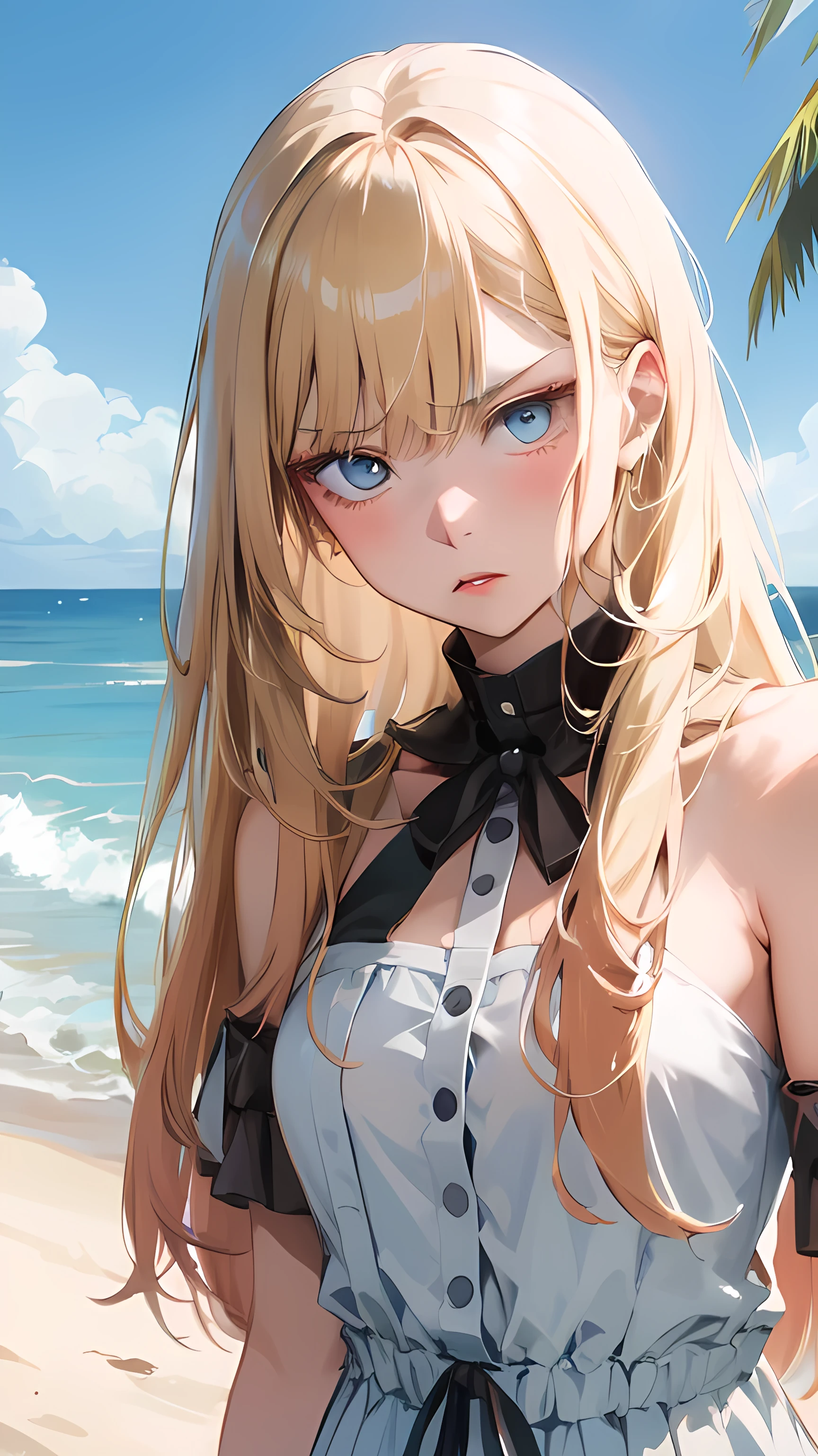 Best quality, high_res, absurdres, ultra-detailed, 1girl, solo, Blonde hair, long hair, blue eyes, white frock, annoyed, tsundere, beach background 