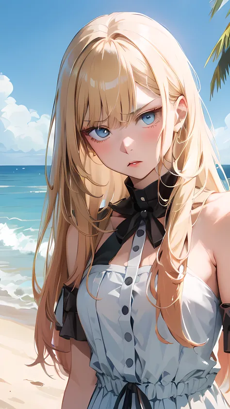 best quality, high_res, absurdres, ultra-detailed, 1girl, solo, blonde hair, long hair, blue eyes, white frock, annoyed, tsunder...