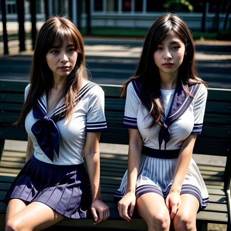 Two adult women, (White sailor suit and navy blue skirt:1.4), sitting on a park bench, daylight, photo, photorealistic, photorea...