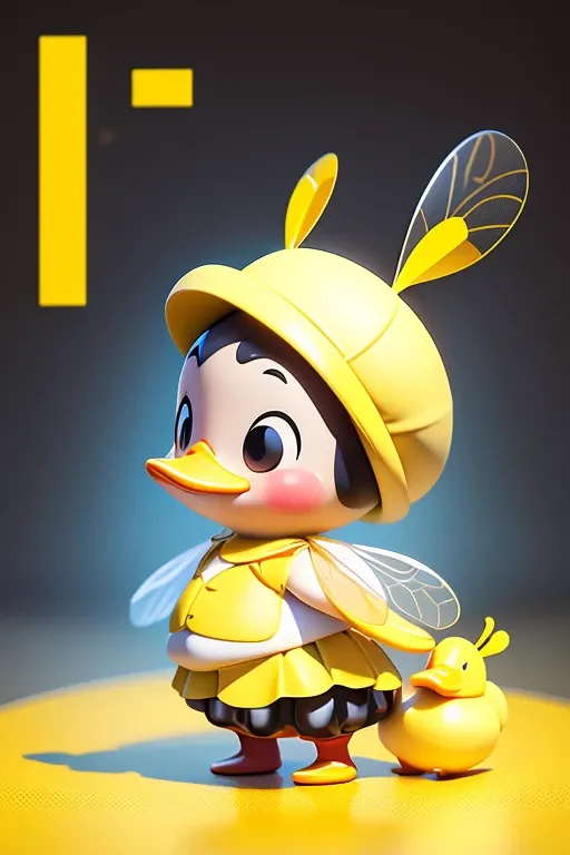 create an image of a beautiful and happy baby duck dressed as a bee with a skirt and with lines in black and yellow colors in PixelAr format. put the name: "Patytos de Layme" in 3D