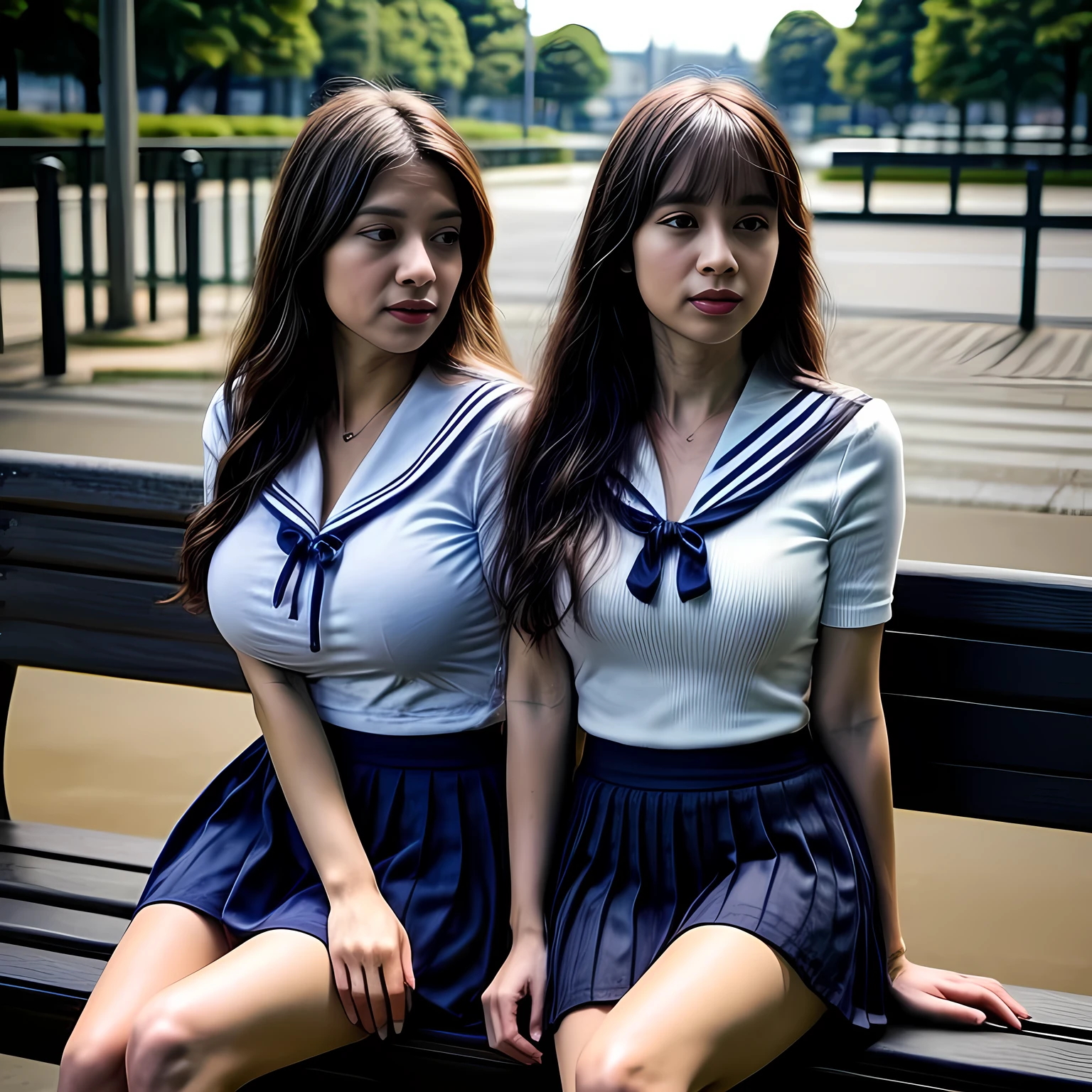 两名成年女性, (白色水手服和海军蓝裙子:1.4), 坐在公园的长椅上, 日光, 照片, 照片realistic, 照片realism, 高的_丰满的, 大乳房