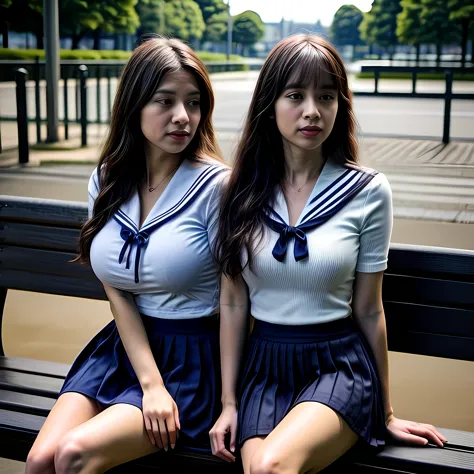 Two adult women, (White sailor suit and navy blue skirt:1.4), sitting on a park bench, daylight, photo, photorealistic, photorea...