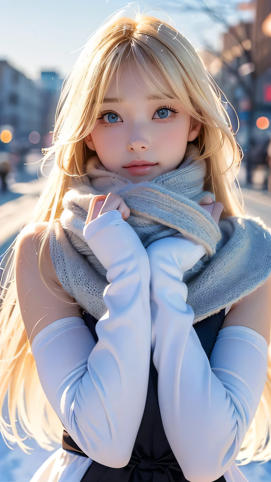 alone, very beautiful nordic girl、Shiny light blonde hair, Beautiful super long straight dazzling bright blonde hair blowing in the strong wind,Long bangs obstruct the view、Hair between the eyes、Big, bright, light blue eyes that shine beautifully、Very big eyes、Detailed face, White and beautiful skin、Cheek gloss highlighter、Mittens, White scarf, whole body, Snow Forest, Attractive areas, (Blushing your nose, Heavy breathing:1.1), (dark:1.4)、Small Face Beauty、Round face