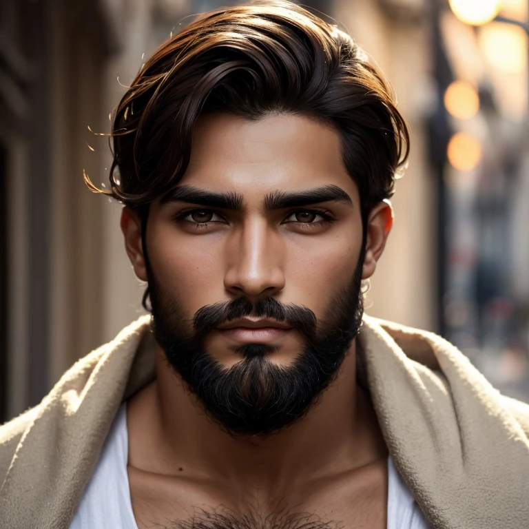 Hombre joven, piel morena, Brown hair, ojos negros, cejas gruesas, frown, labios gruesos, barba incipiente, playful touch 