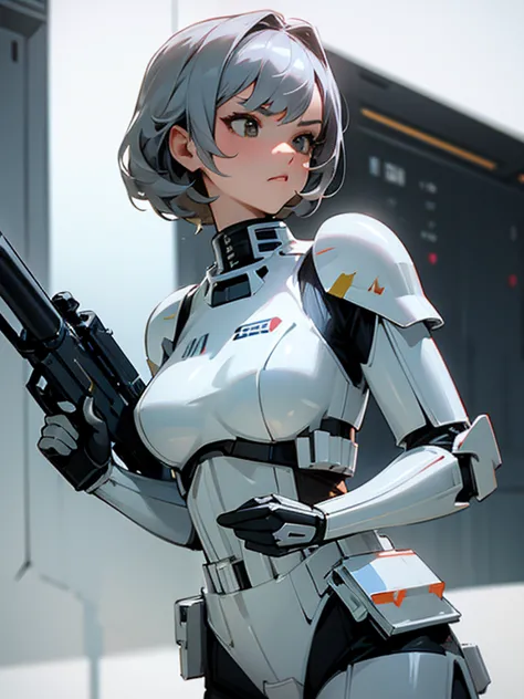 a sexy woman, StormTrooper, armor, laser gun, serious face, highly detailed, HD, 4K, Masterpiece, highres