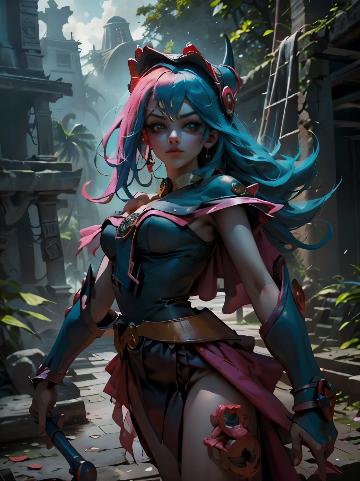 Hermosa y sensual dark magician gils vestida como Harley Quinn. pelo rojo y azul. Labios rojos. Ojos azules. Fondo de ruinas MAYAS De TIKAL. en medio de la selva . Ruina maya de Tikal. Pose amistosa