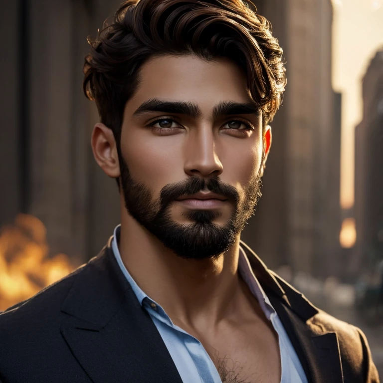 Hombre joven, Brown hair, ojos oscuros, barba incipiente, piel morena, cejas gruesas 