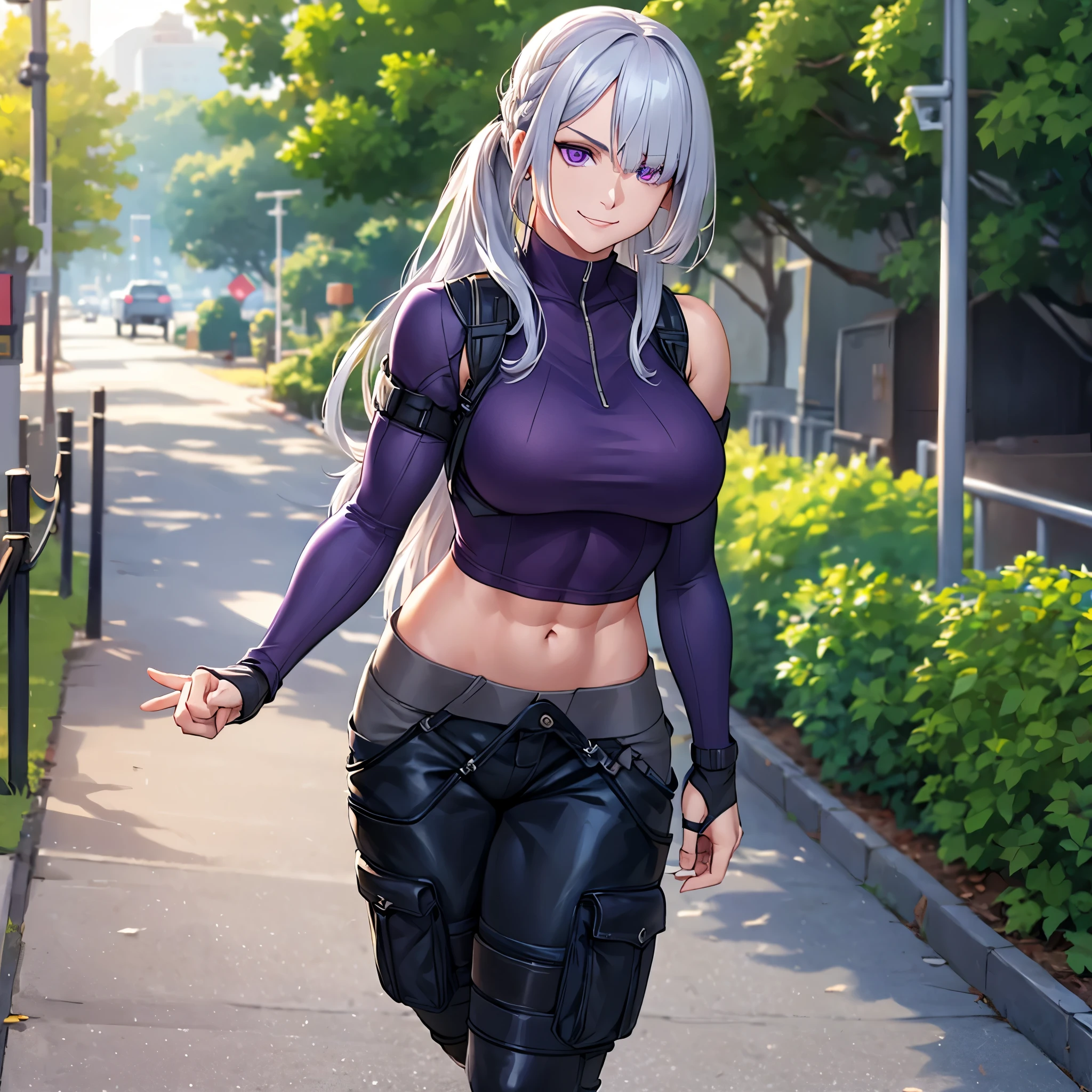 A woman wearing a dark gray sweatshirt, gray cargo pants, silver hair, purple eyes, smiling, muscular, black boots, walking on a sidewalk in a city in the sun, blurred background, bokeh effect, stereogram, tachi-e, point of view atmospheric view, high detail, luminism, hyperrealism, brightness, 8k, super detail, accurate, best quality, high resolution, award-winning, anatomically correct
