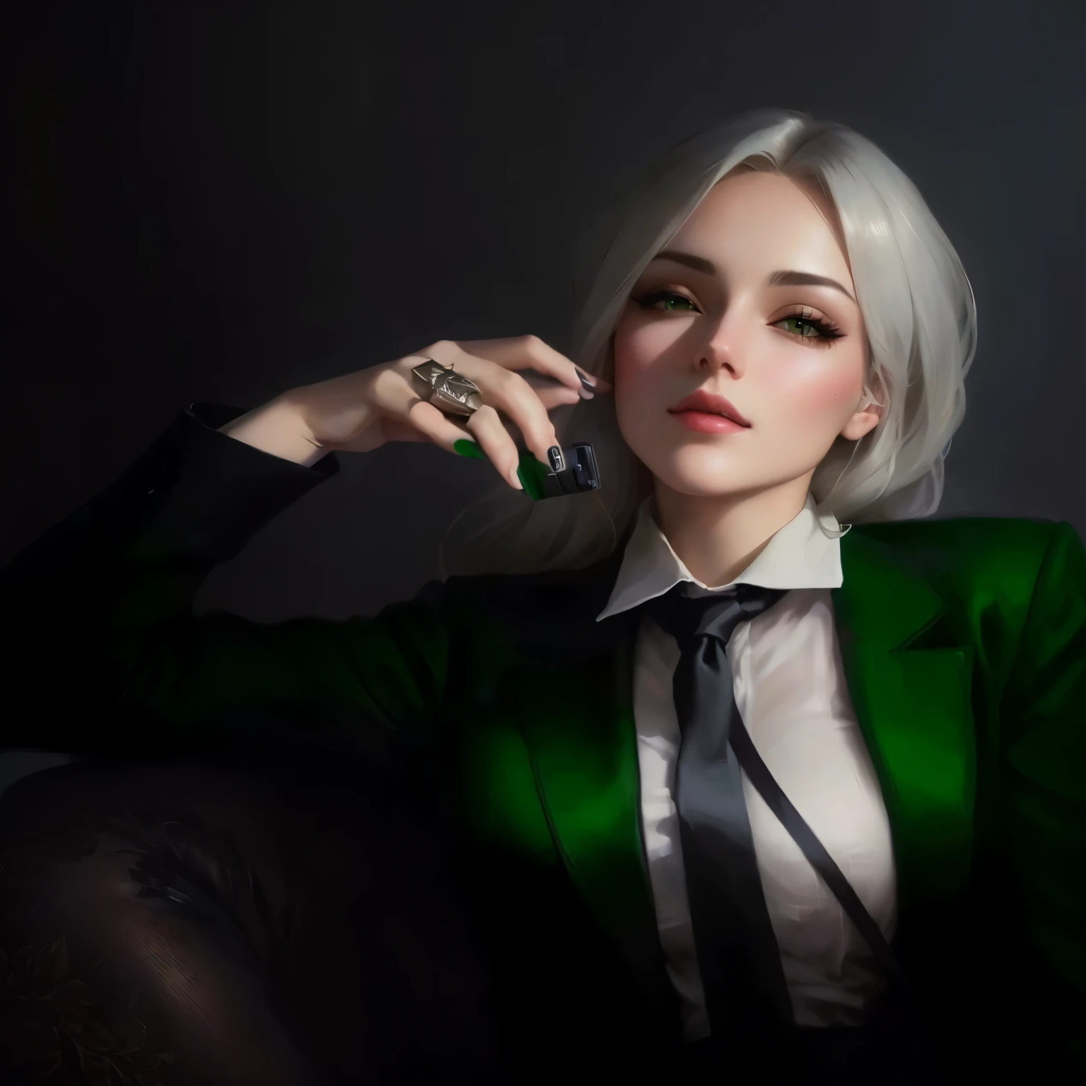 Il y a une femme avec une veste verte et une cravate tenant un téléphone portable, art numérique d&#39;une élégante, style artistique réaliste, dans le style artistique de Bowater, style de réalisme animé, réalisé avec le studio de peintre d&#39;anime, style artistique animé réaliste, portrait de haute qualité, style artistique réalisme, peinture numérique élégante, fille aux cheveux blancs parfaite, [ Arte numérique 4K ]!!