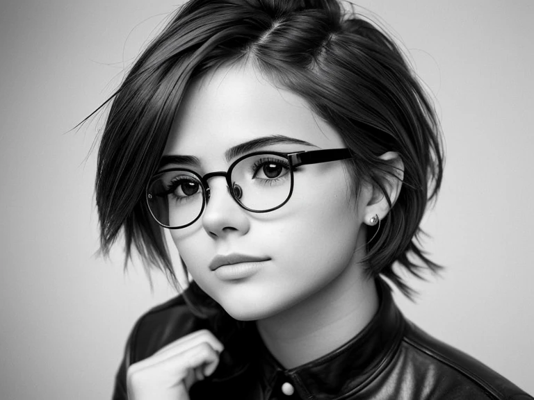 
Realistic monochrome photography in 80s style, masterpiece; Cute Russian brown-eyed girl with aesthetic small breasts, 28 years, unscrupulous, Shameless, no complexes, punk, lesbian, naturist, exhibitionist, Beautiful detailed round face, Large shiny realistic dark brown eyes, glasses with lenses, beautiful proportional small wide nose., tired half-smile, Parted plump lips, plump cheeks, Round chin, tanned skin, Slightly wavy brown hair of medium length(Rebellious 80&#39;s Rocker Hairstyle), short stature, aesthetic completeness, proportional physique; (whole body, including legs), brown sweater with high collar, sitting at the kitchen table by the window at night, writes intently in a notebook, twilight, desk lamp, a cup of coffee, ashtray, many small environmental details, complex parts, natural light from a lamp, It's dark outside the window, starry sky and moon, High quality textures; Realistic human skin texture (pores, Mimic folds, wrinkles), monochrome image