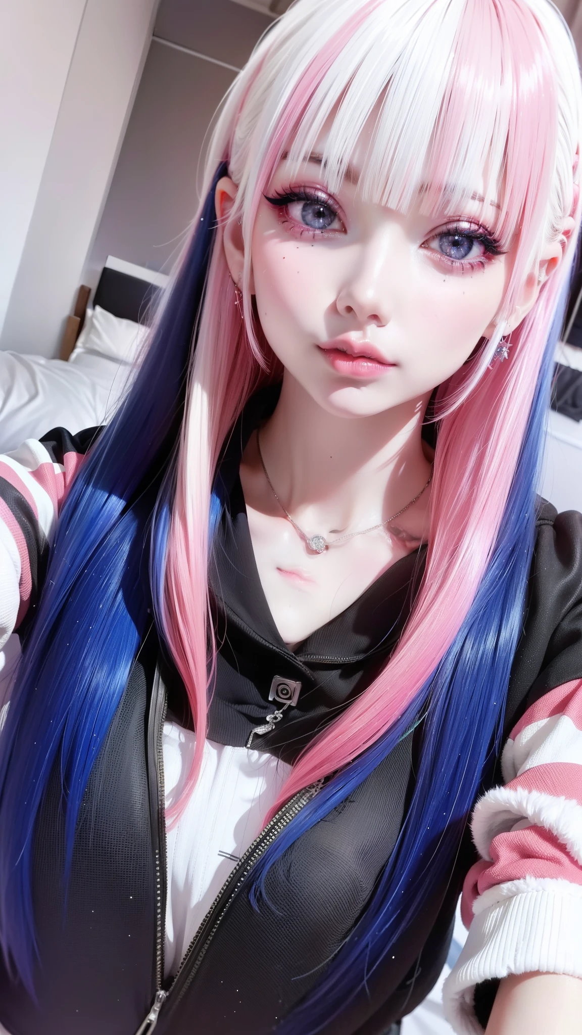 A woman with pink and blue hair and a black jacket - SeaArt AI