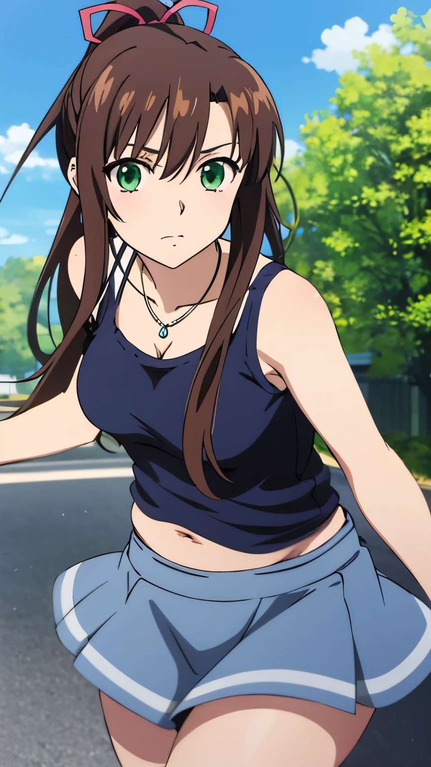 Anime girl in a short skirt and a tank top walking down the street - SeaArt  AI