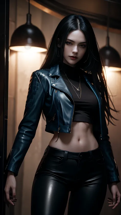 A beautiful 25 year old British female vampire mercenary with long dark hair, Pale skin, (Wearing a blue leather jacket and tigh...