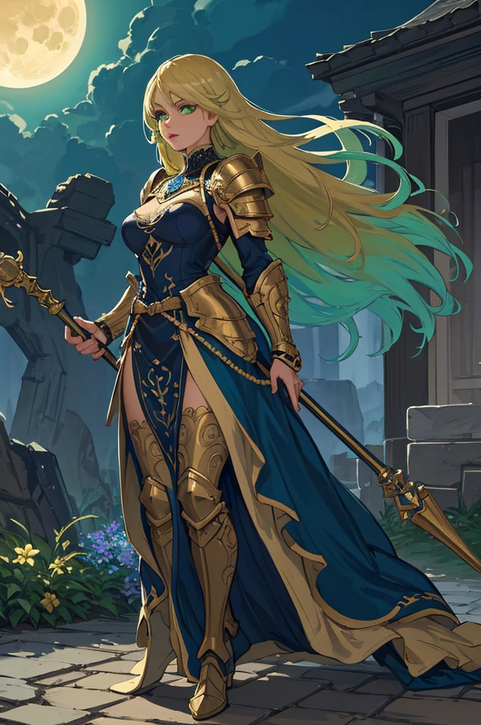 (masterpiece, best quality, 8k), a beautiful girl in a garden,(full body) 1 girl, detailed realistic face, (detailed green eyes, detailed lips, long eyelashes), (perfect long golden hair), elegant sci-fi dress, sci-fi mage robe, shoulder armor pad, casting spell with her staff, intricate staff, ornated staff, (blue energy, blue spells, blue aura), perfect hands, perfect body, perfect face, moonlight, natural environment, realistic lighting, cinematic, intricate details, highly detailed, hyper realistic, vibrant colors
