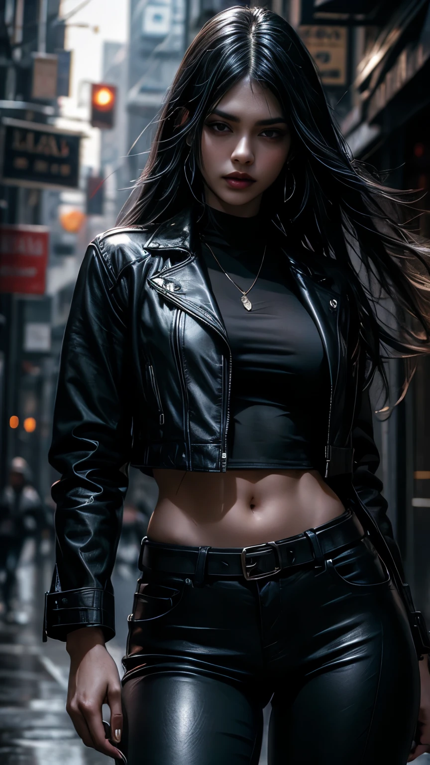 Beautiful 2 Indian female vampire mercenary with long black hair, Pale skin, (Wearing a blue leather jacket and tight black pants;1.3), Possessing a rifle, View from the front, Waist up shot, Dynamic pose, Ambient Lighting, Photographic realism, Intricate facial details, Exquisite handcrafted details, Very detailed, Vibrant colors, Cinematic, High resolution, Trending Style Raw on Artstation