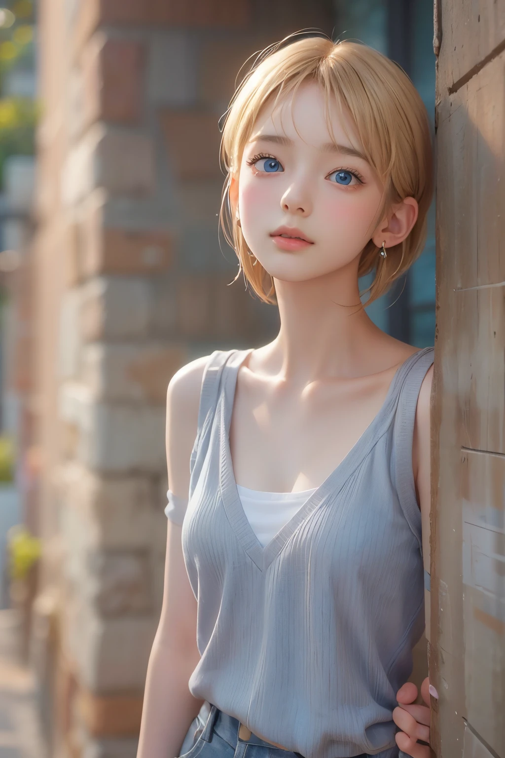 ((sfw: 1.4)), ((detailed face, professional photography)), ((sfw, extra short hair, sidelocks-hair, blond hair, Large, clear sky-blue eyes, earrings, 1 Girl)), Ultra High Resolution, (Realistic: 1.4), RAW Photo, Best Quality, (Photorealistic Stick), Focus, Soft Light, ((15 years old)), (( (young face))), (surface), (depth of field), masterpiece, (realistic), woman, bangs, ((1 girl))