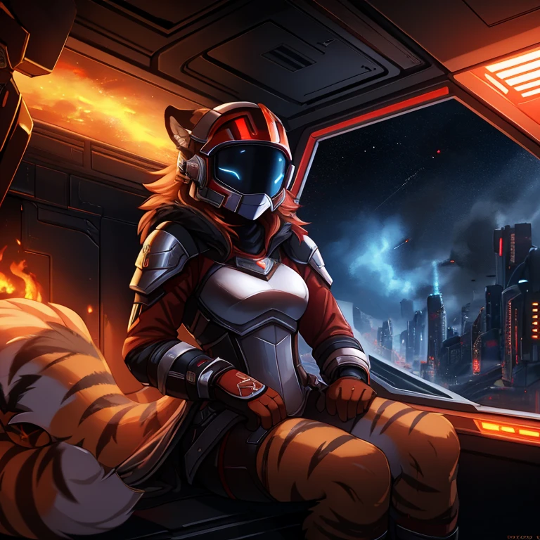 Young woman in full armor, black and red spacesuit sits in the cabin of a spaceship. Her helmet completely covers her face and has cat ears.., tiger, anthro, female, fur coat, (best quality), (detailed fire urban background:1.2), dramatic lighting, (detailed fluffy fur:1.1), (fantasy:1.2) cyberpunk style