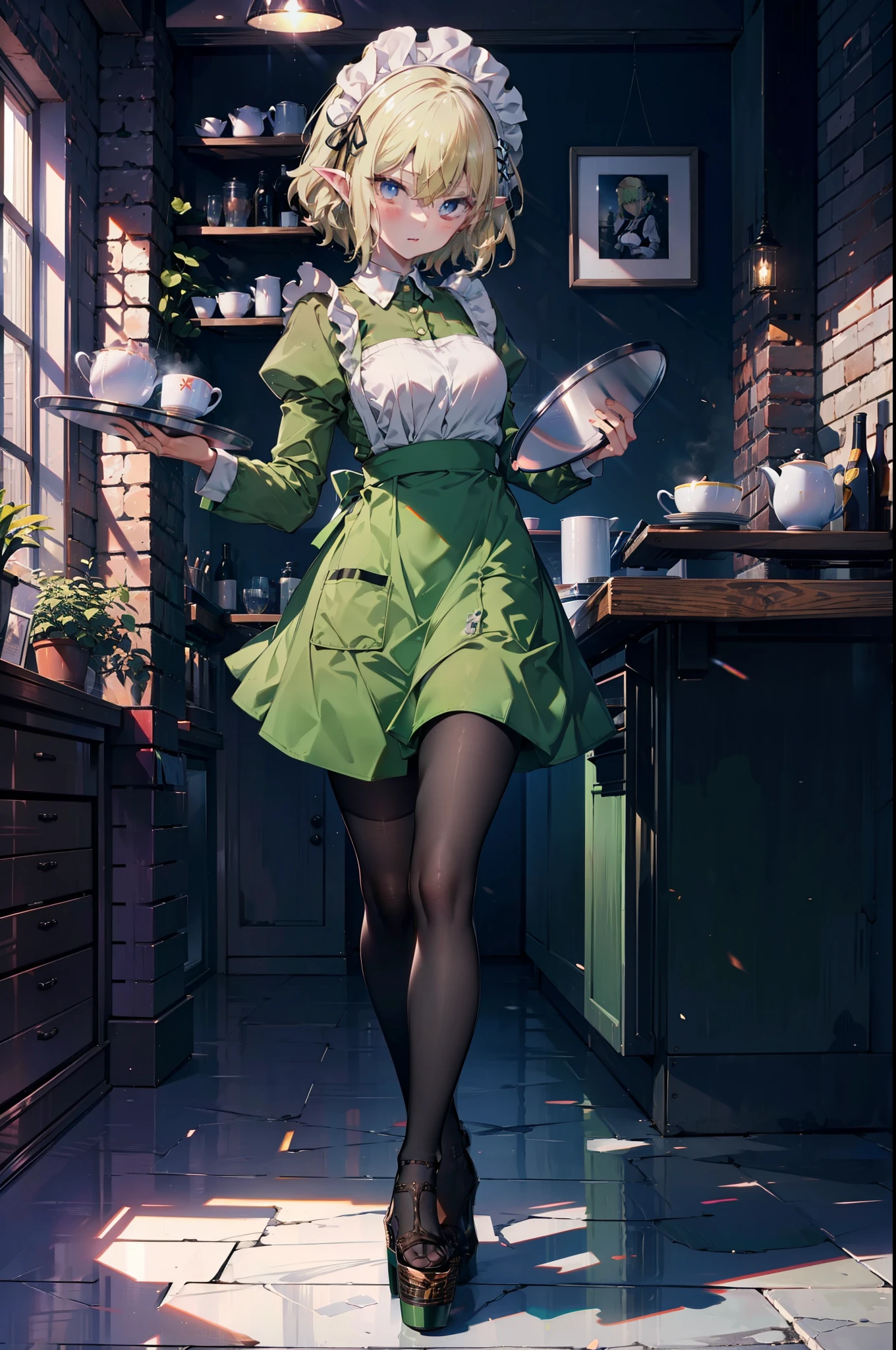 Ryurion, Ryu Lion, Blonde Hair, blue eyes, Fairy, Hair between the eyes, Pointed Ears, short hair, (Small breasts:1.2),
Break apron, black pantyhose, dress, green dress, Long sleeve, Maid, Maid apron, Maid headdress, pantyhose, White apron,tray, tray in one hand,Stiletto heels,
壊す looking at viewer,whole body,
Break indoors, Destroy the coffee shop (masterpiece:1.2), highest quality, High resolution, unity 8k wallpaper, (figure:0.8), (Beautiful fine details:1.6), Highly detailed face, Perfect lighting, Highly detailed CG, (Perfect hands, Perfect Anatomy),