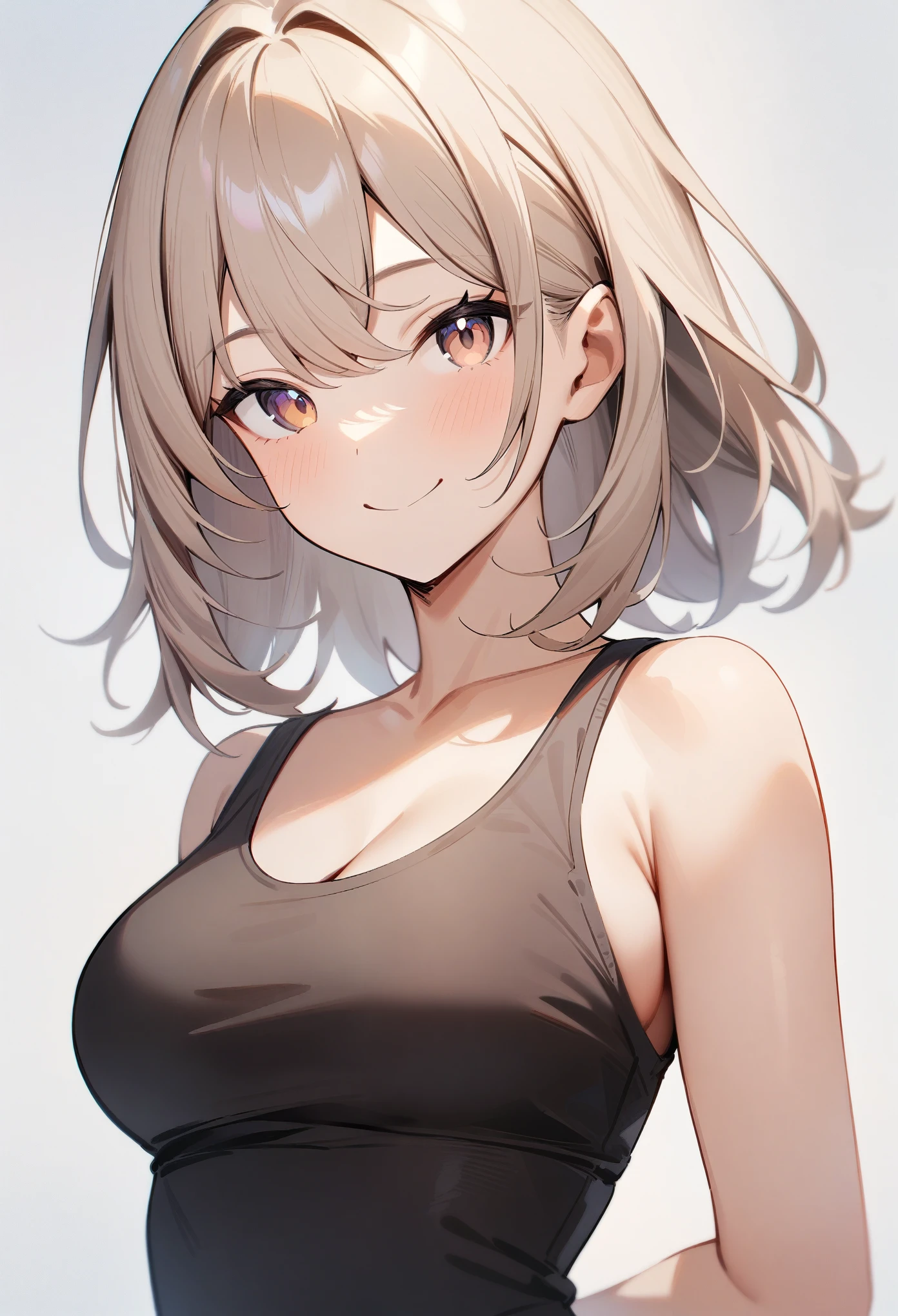 masterpiece, best quality, very aesthetic, absurdres, 1girl, looking at viewer, upper body, medium hair, medium breasts, tank top, smile, simple background