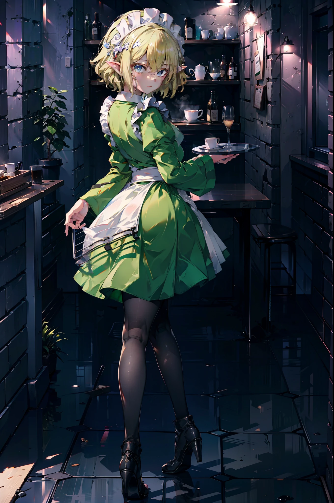 Ryurion, Ryu Lion, Blonde Hair, blue eyes, Fairy, Hair between the eyes, Pointed Ears, short hair, (Small breasts:1.2),
Break apron, black pantyhose, dress, green dress, Long sleeve, Maid, Maid apron, Maid headdress, pantyhose, White apron,tray, tray in one hand,Stiletto heels,
壊す looking at viewer,whole body,
Break indoors, Destroy the coffee shop (masterpiece:1.2), highest quality, High resolution, unity 8k wallpaper, (figure:0.8), (Beautiful fine details:1.6), Highly detailed face, Perfect lighting, Highly detailed CG, (Perfect hands, Perfect Anatomy),