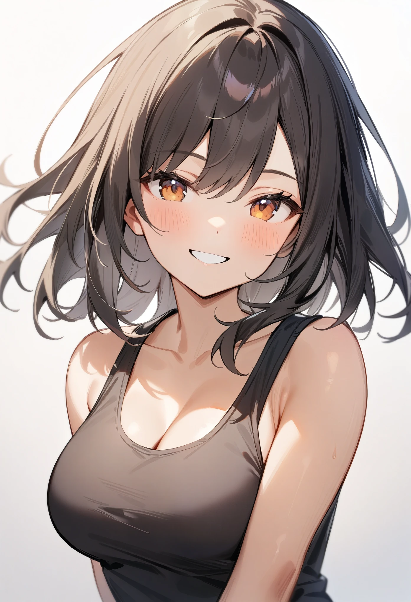 masterpiece, best quality, very aesthetic, absurdres, 1girl, looking at viewer, upper body, medium hair, medium breasts, tank top, smile, simple background