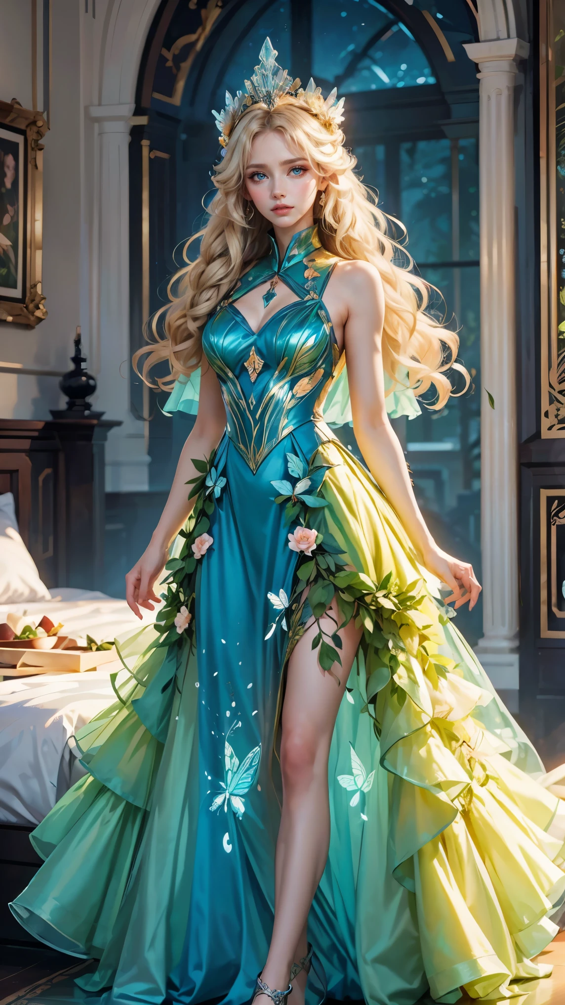 Best quality, masterpiece, ultra high res, raw photo, beautiful and aesthetic, deep shadow, fairy theme,(ultra detailed:1.3),
1girl, standing pose, flower headdress, drill hair, long hair, blonde hair, gradient hair, yellow eyes, solo, huge breasts, big hair, blue hair, divine goddess, looking at viewer, indoors, queen bedroom, empress bed, room full of curtain, astraea, full body, midnight, glowing light, neon light, butterfly dress, transparant dress