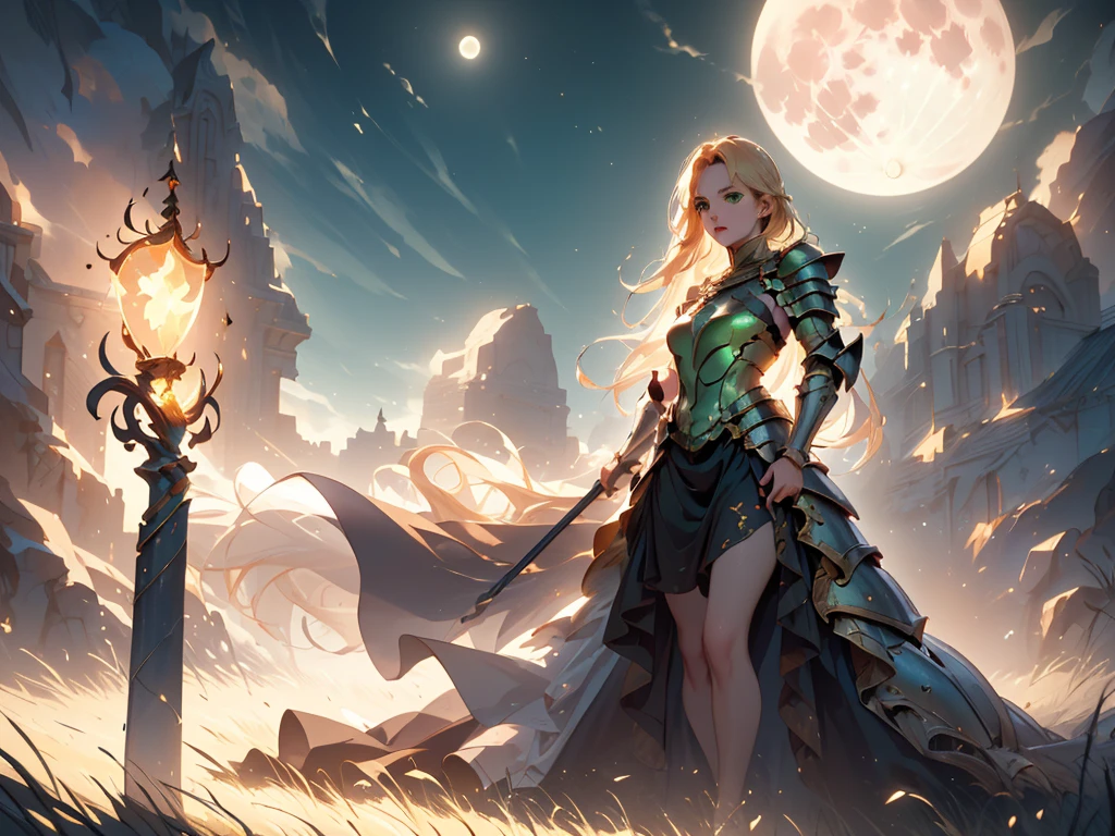 (masterpiece, best quality, 8k, 1girl, full body, mage, sci-fi, shoulder armor pad, golden hair, green eyes, holding staff, casting spell, scenery, full moon, realistic illumination,perfect facial features, cinematic lighting, dramatic poses, intricate details, volumetric lighting, dramatic atmosphere)