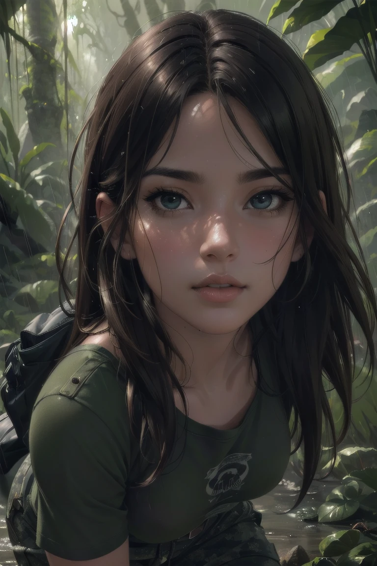 realistic portrait of a 36 year old woman, 1 girl, anime style, best quality, 4k, 8k, highres, masterpiece, ultra-detailed, photorealistic, black t-shirt, tight military pants, baggy camo pants, walking in rainy jungle, brown hair, floating hair, small breasts, detailed facial features, beautiful detailed eyes, beautiful detailed lips, extremely detailed face, long eyelashes, dynamic pose, dramatic lighting, cinematic atmosphere, muted color palette, rain effect, lush jungle environment, detailed textures, volumetric lighting