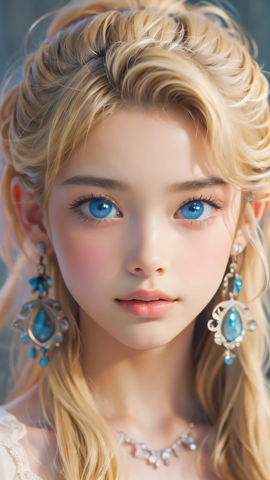 ((sfw: 1.4)), ((detailed face,  professional photography)), ((sfw, ( blond hair), Large, clear sky-blue eyes, earrings, 1 Girl)), Ultra High Resolution, (Realistic: 1.4), RAW Photo, Best Quality, (Photorealistic Stick), Focus, Soft Light, ((15 years old)), (( (young face))), (surface), (depth of field), masterpiece, (realistic), woman, bangs, ((1 girl))