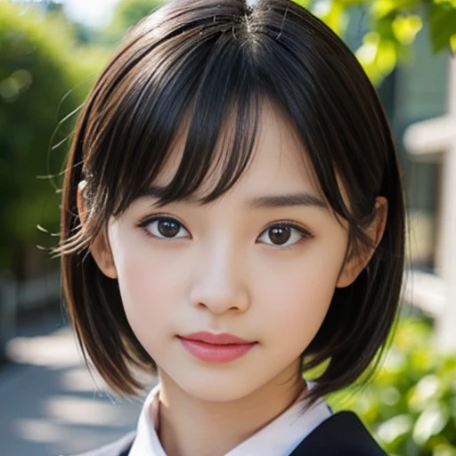 ((Cute 15 year old Japanese))、on the road、Highly detailed face、Pay attention to the details、double eyelid、Beautiful thin nose、Sharp focus:1.2、Beautiful woman:1.4、Cute Hairstyles、Pure white skin、highest quality、masterpiece、Ultra-high resolution、(Realistic:1.4)、Highly detailed and professional lighting、nice smile、Japanese school girl uniform
