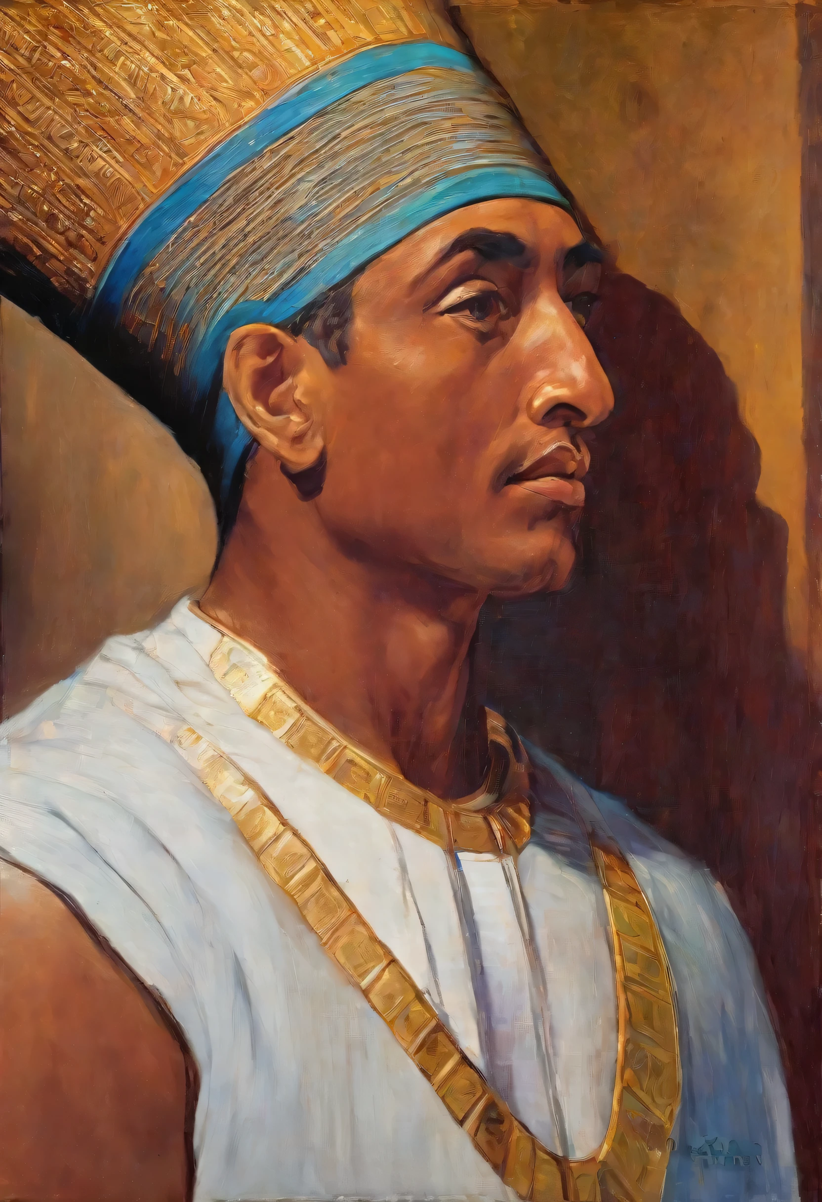 oil painting of a pharaoh, retrato, with typical rich clothes red-golden-yellow, Arte bonita, detalhado, Arte impressionante, bela obra de arte, Arte impressionantework, cores vividas, van gogh, renoir, leonardo da vinci, chirico, luz suave, obra prima, alta qualidade,