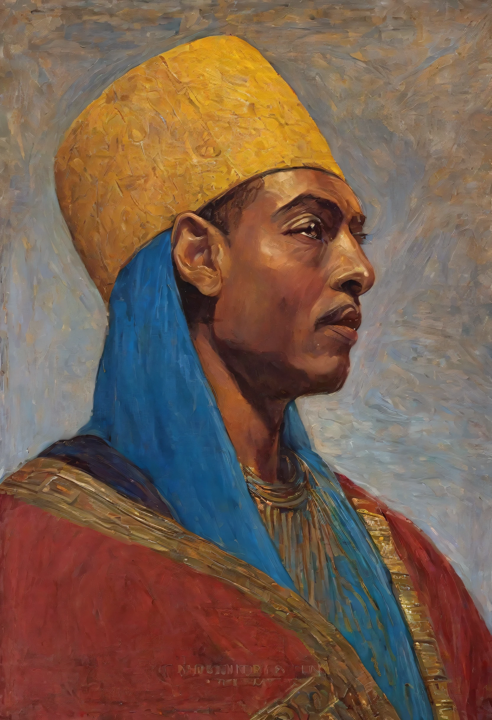 oil painting of a pharaoh, retrato, with typical rich clothes red-golden-yellow, Arte bonita, detalhado, Arte impressionante, bela obra de arte, Arte impressionantework, cores vividas, van gogh, renoir, leonardo da vinci, chirico, luz suave, obra prima, alta qualidade,