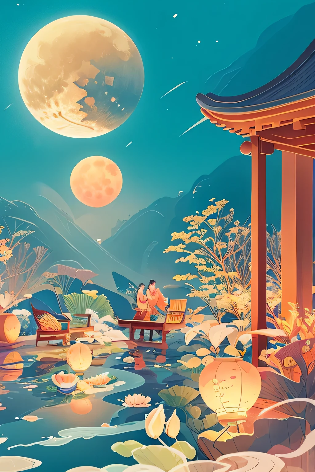 Wonderful Mid-Autumn Night，The national trend and the Song Dynasty style are integrated with each other，The scroll shows a warm and healing scene。A bright full moon hangs high in the sky，Sprinkle warm light，Like a golden pearl lighting up the night。Under the full moon，It is a quiet and peaceful atmosphere，It's as if time stands still，Just to make this moment especially precious。