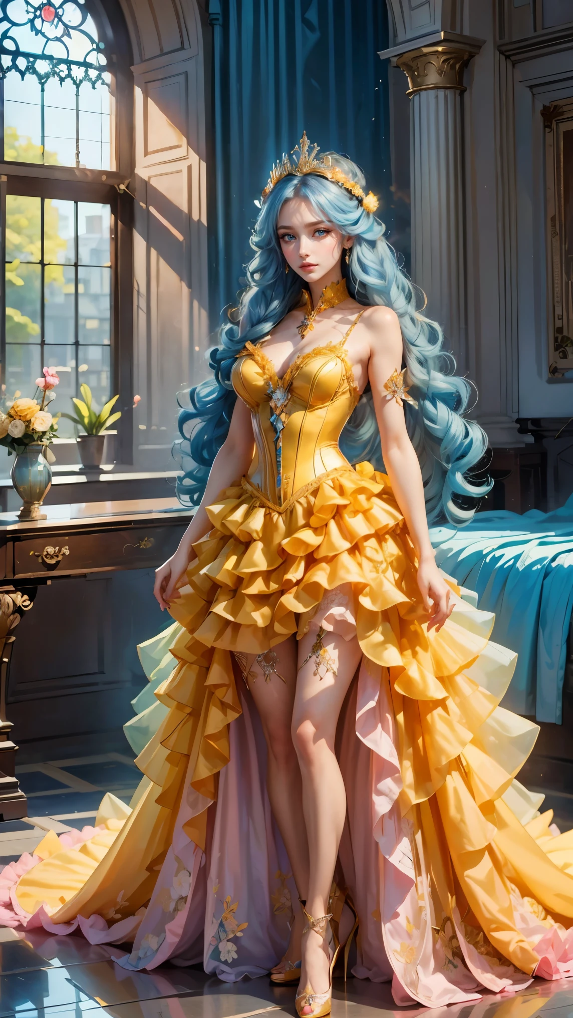 Best quality, masterpiece, ultra high res, raw photo, beautiful and aesthetic, deep shadow, fairy theme,(ultra detailed:1.3),
1girl, standing pose, flower headdress, drill hair, long hair, blonde hair, gradient hair, yellow eyes, solo, huge breasts, big hair, blue hair, divine goddess, looking at viewer, indoors, queen bedroom, empress bed, room full of curtain, astraea, full body, pink dress, burlesque dress, transparant dress,