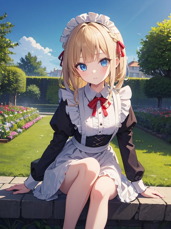 masterpiece, highest quality, Very detailed, 16k, Ultra-high resolution, 9-year-old girl, Detailed face, blue eyes, blonde, Braiding, Red ribbon on head, Black maid outfit, blue sky, garden, Red Rose, sit, bottomless