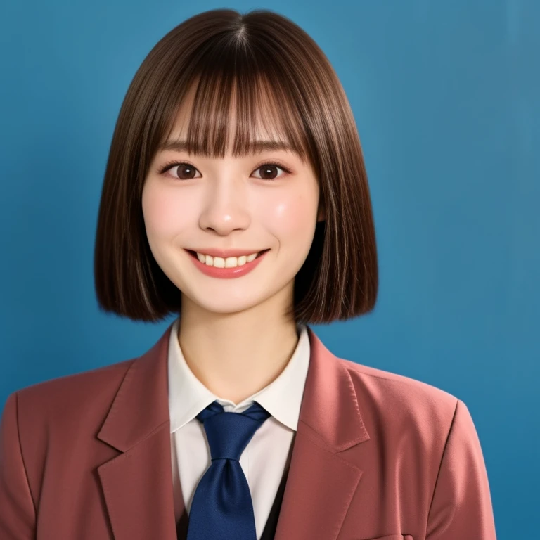 NSFW, (kawaii 24 year-old Japanese girl, Nogizaka idol, Korean idol), (glossy brown hair, very short hair, bangs:1.3), (beautiful black eyes, rounded face, narrow shoulders, single eyelid, no makeup, splash laughing:1.3), (wearing suit jacket, collared shirt, necktie:1.3), (extra small breasts:0.9), BREAK, (simple blue background:1.3), (view from forward, bust shot, wide shot, id photo:1.3), BREAK, (masterpiece, best quality, photo realistic, official art:1.4), (UHD, 8K quality wallpaper, high resolution, raw photo, golden ratio:1.3), (shiny skin), professional lighting, physically based rendering, award winning, (highly detailed skin, extremely detailed face and eyes), Carl Zeiss 85 mm F/1.4, depth of field, (1girl, solo),