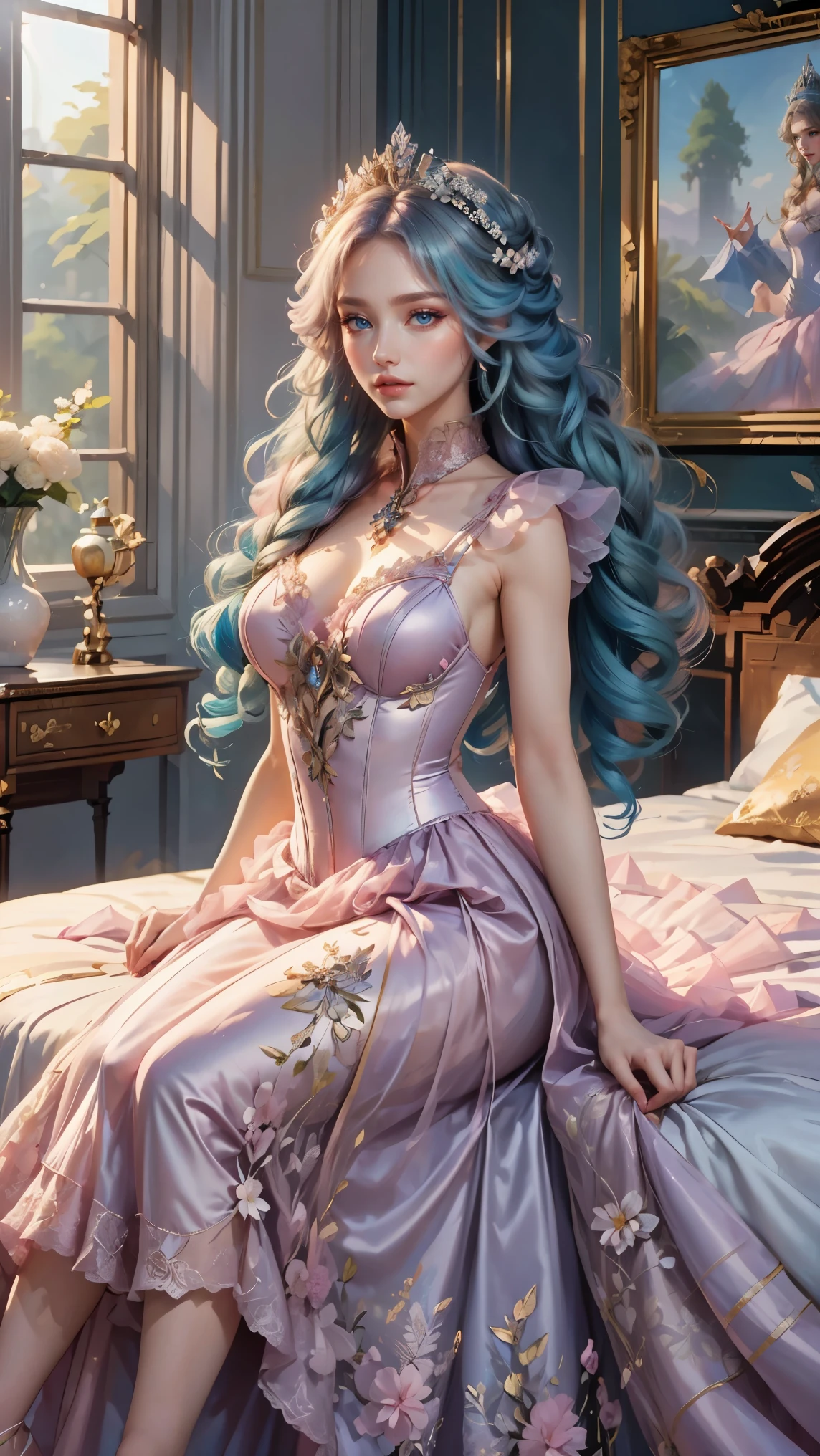 Best quality, masterpiece, ultra high res, raw photo, beautiful and aesthetic, deep shadow, fairy theme,(ultra detailed:1.3),
1girl, dynamic pose, flower headdress, drill hair, long hair, blonde hair, gradient hair, yellow eyes, solo, huge breasts, big hair, blue hair, divine goddess, looking at viewer, indoors, queen bedroom, empress bed, room full of curtain, astraea, full body, pink dress, burlesque dress, transparant dress,