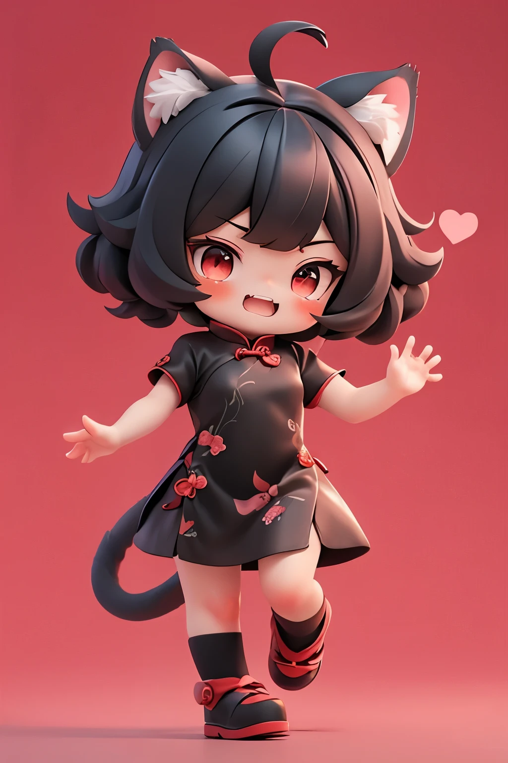 Matte blind box，((Red cheongsam))，Simple background，best quality,Cat ears,Clear fingers,(Red eyes),Black short hair,Aho,(cute),laughing out loud,Tiger Teeth
