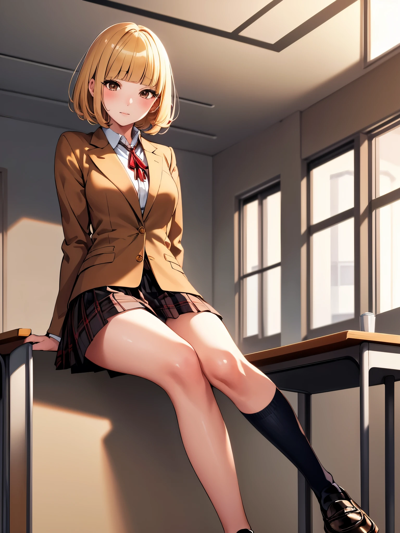 (masterpiece,highest quality, detailed), One girl, alone, classroom, indoor,Mouth closed,
midorikawa hana, Brown jacket, Neck ribbon, Collared shirt, , Checked skirt, loafers, Squint your eyes, eyelash