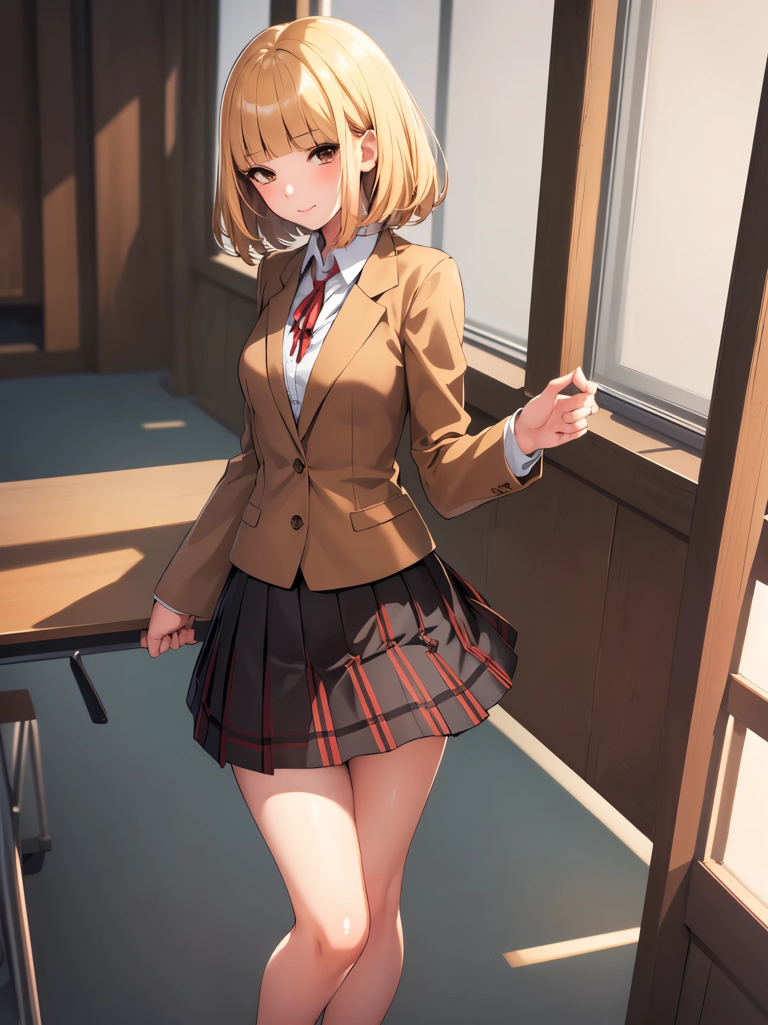 (masterpiece,highest quality, detailed), One girl, alone, classroom, indoor,Mouth closed,
midorikawa hana, Brown jacket, Neck ribbon, Collared shirt, , Checked skirt, loafers, Squint your eyes, eyelash