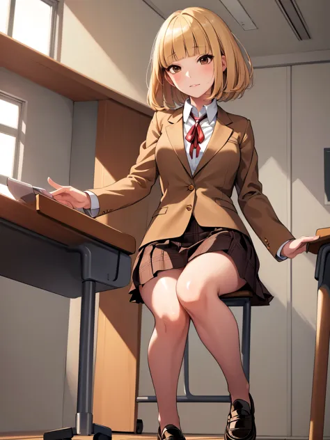 (masterpiece,highest quality, detailed), one girl, alone, classroom, indoor,mouth closed,
midorikawa hana, brown jacket, neck ri...